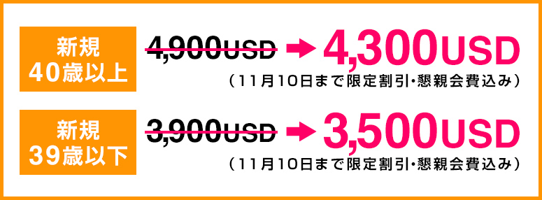 40歳以上4300USD、39歳以下3500USD