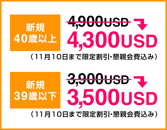 40歳以上4300USD、39歳以下3500USD